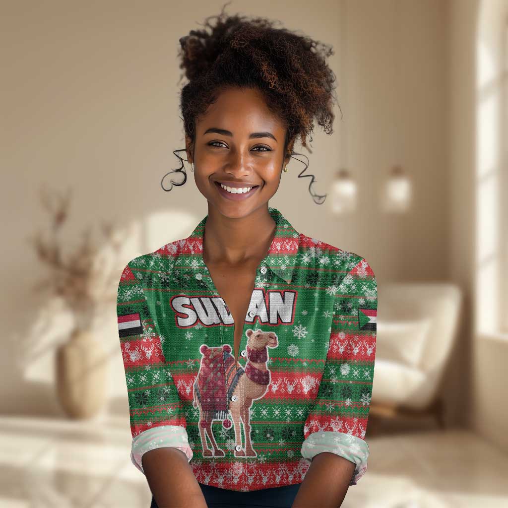 Sudan Christmas Women Casual Shirt Green Red Xmas Camel Snowflake and Coat of Arms - African Pride