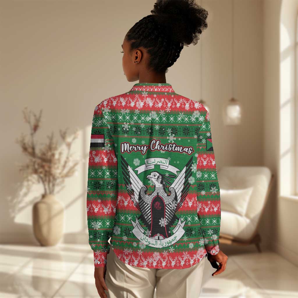 Sudan Christmas Women Casual Shirt Green Red Xmas Camel Snowflake and Coat of Arms - African Pride