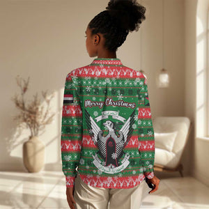Sudan Christmas Women Casual Shirt Green Red Xmas Camel Snowflake and Coat of Arms - African Pride