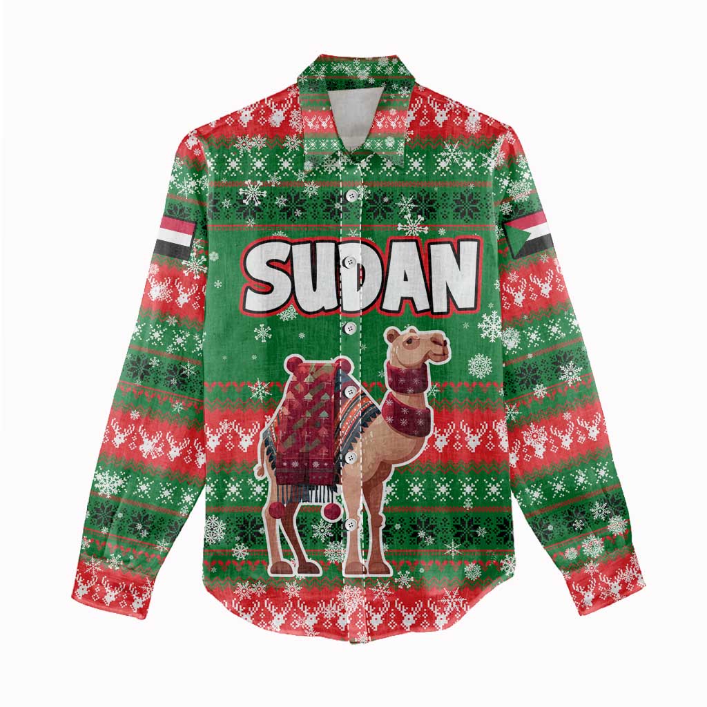 Sudan Christmas Women Casual Shirt Green Red Xmas Camel Snowflake and Coat of Arms - African Pride