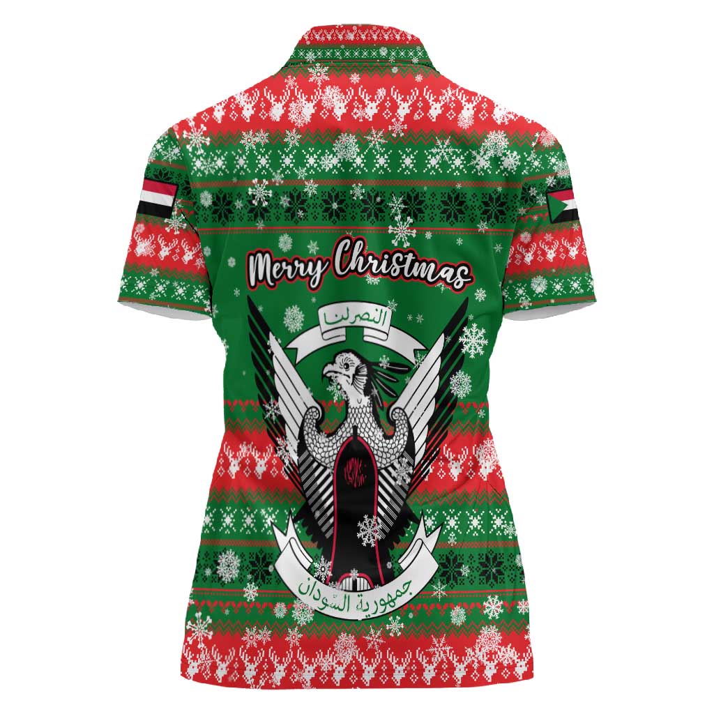 Sudan Christmas Women Polo Shirt Green Red Xmas Camel Snowflake and Coat of Arms - African Pride