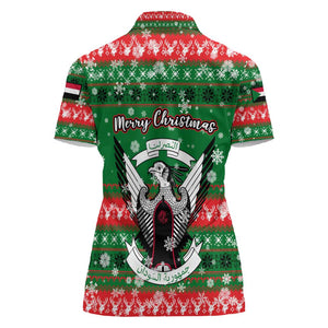 Sudan Christmas Women Polo Shirt Green Red Xmas Camel Snowflake and Coat of Arms - African Pride