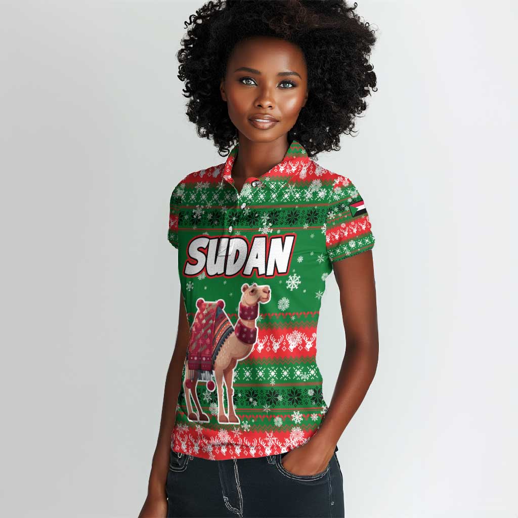 Sudan Christmas Women Polo Shirt Green Red Xmas Camel Snowflake and Coat of Arms - African Pride