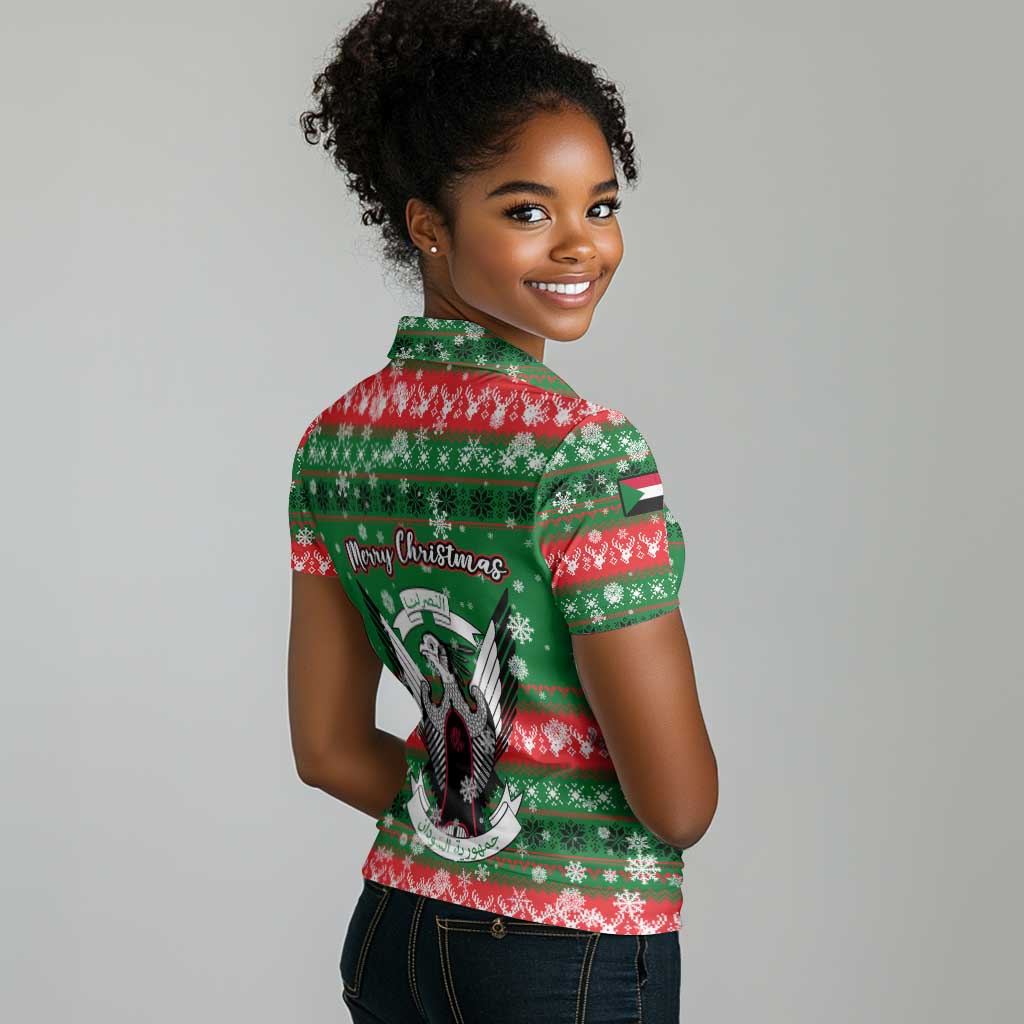 Sudan Christmas Women Polo Shirt Green Red Xmas Camel Snowflake and Coat of Arms - African Pride