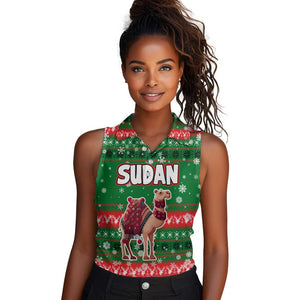 Sudan Christmas Women Sleeveless Polo Shirt Green Red Xmas Camel Snowflake and Coat of Arms - African Pride