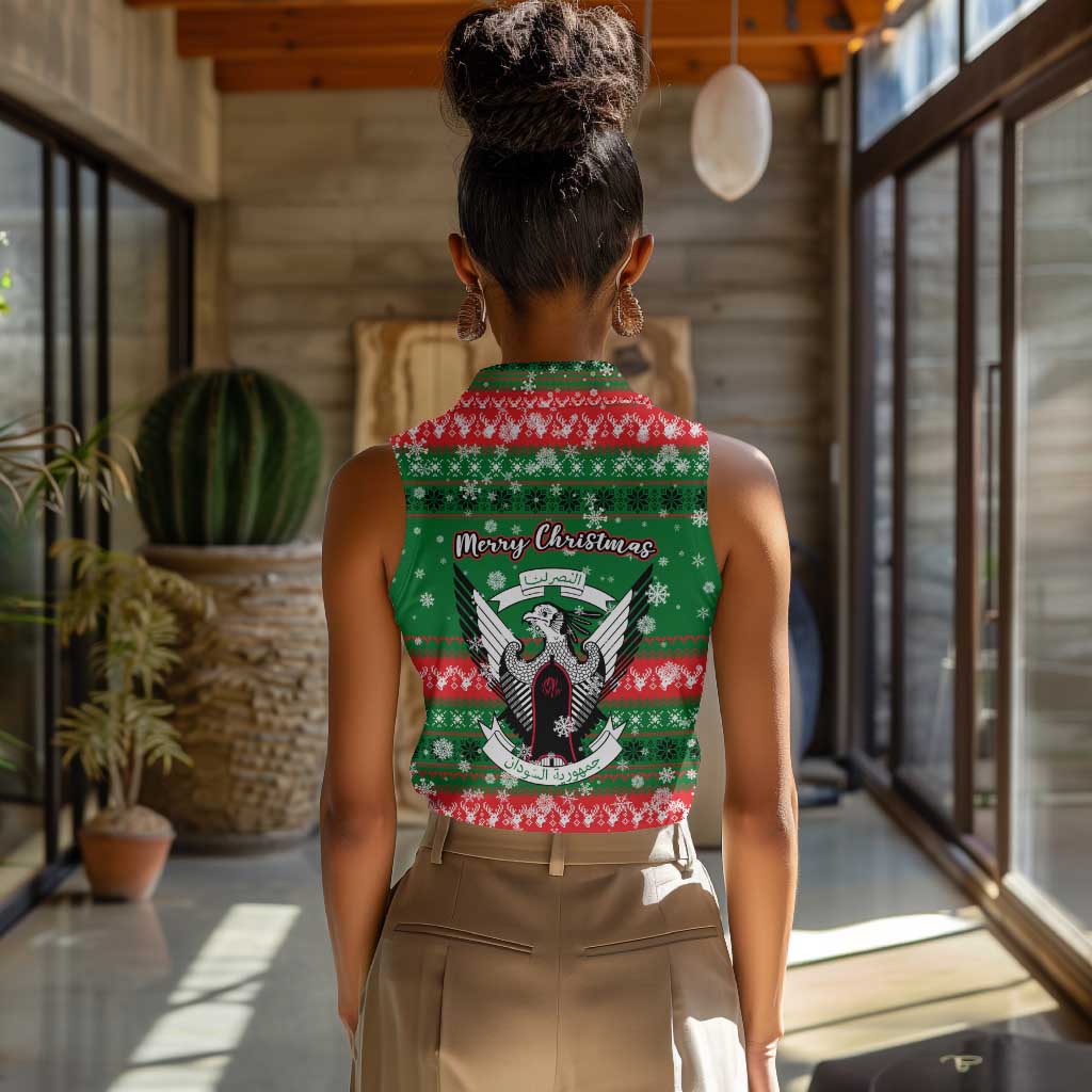 Sudan Christmas Women Sleeveless Polo Shirt Green Red Xmas Camel Snowflake and Coat of Arms - African Pride
