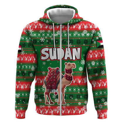 Sudan Christmas Zip Hoodie Green Red Xmas Camel Snowflake and Coat of Arms - African Pride