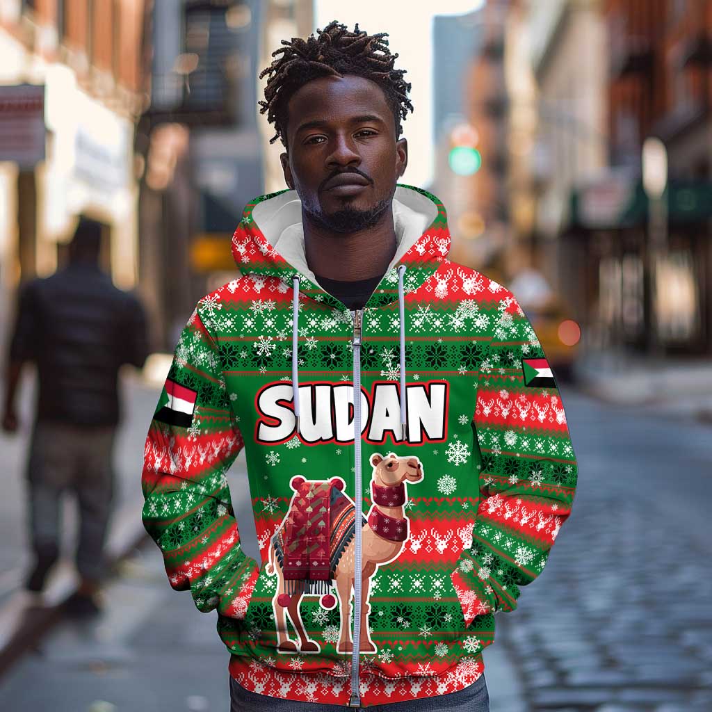 Sudan Christmas Zip Hoodie Green Red Xmas Camel Snowflake and Coat of Arms - African Pride