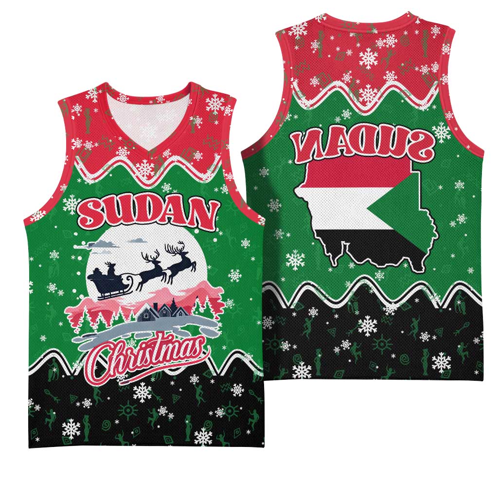 Sudan Christmas Basketball Jersey Red Green Black Xmas Santa Sleigh and Map - African Pride