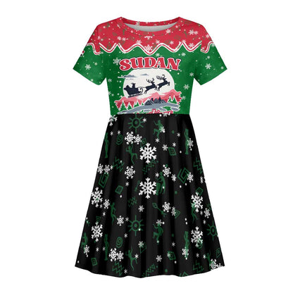 Sudan Christmas Kid Short Sleeve Dress Red Green Black Xmas Santa Sleigh and Map - African Pride