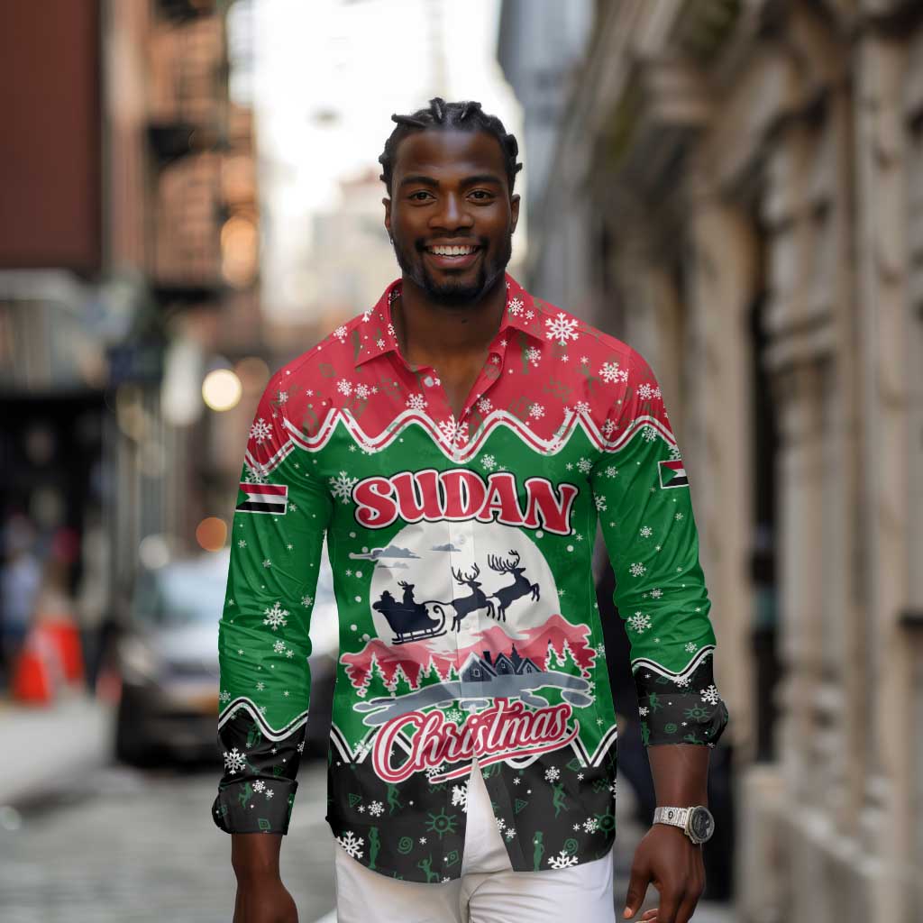 Sudan Christmas Long Sleeve Button Shirt Red Green Black Xmas Santa Sleigh and Map - African Pride