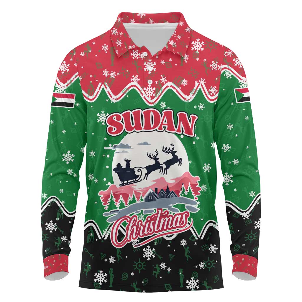 Sudan Christmas Long Sleeve Polo Shirt Red Green Black Xmas Santa Sleigh and Map - African Pride