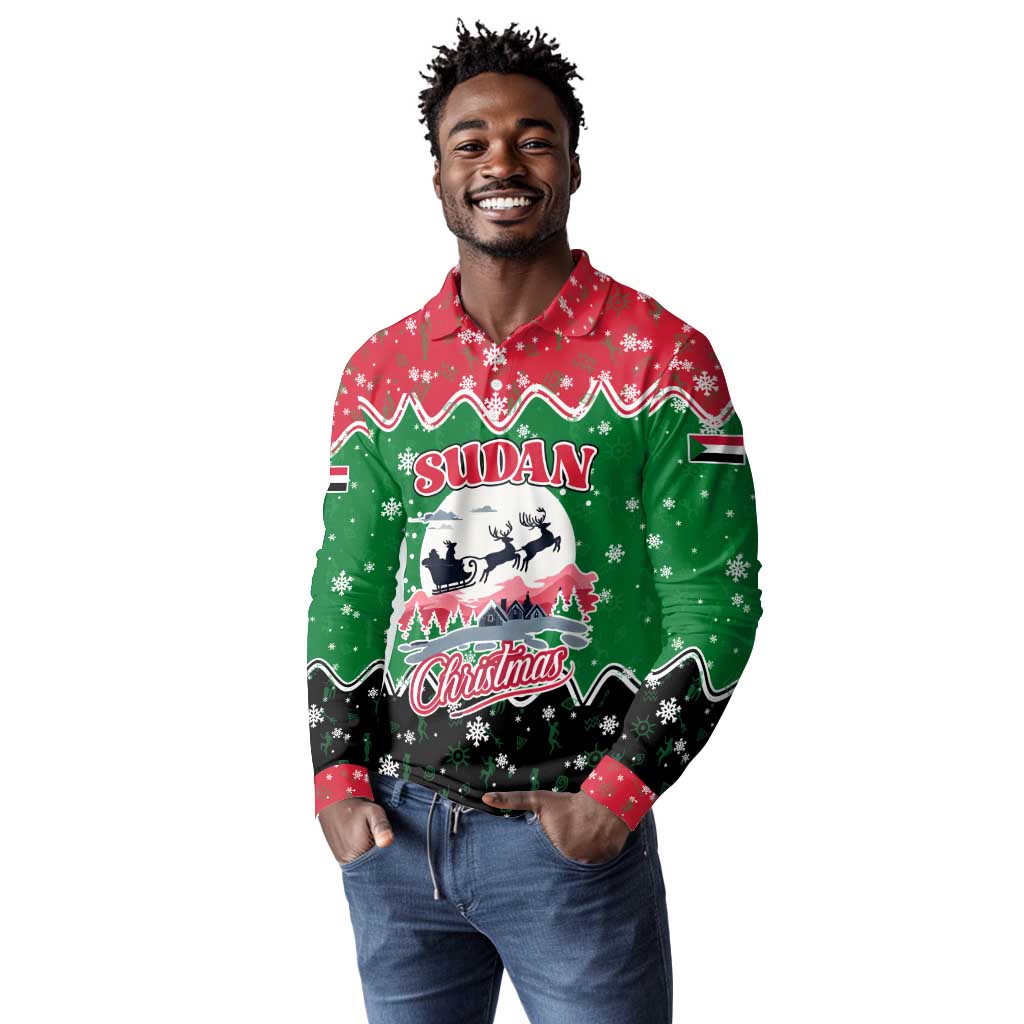 Sudan Christmas Long Sleeve Polo Shirt Red Green Black Xmas Santa Sleigh and Map - African Pride