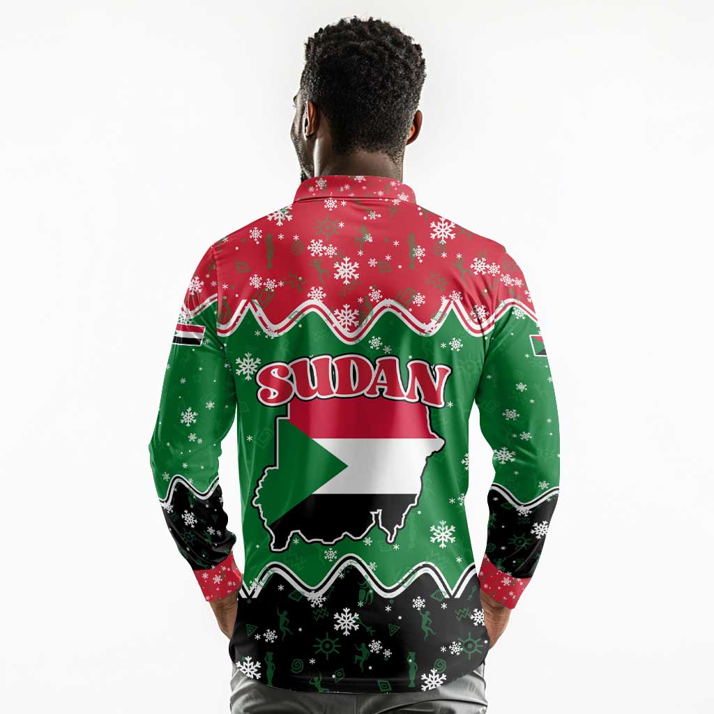 Sudan Christmas Long Sleeve Polo Shirt Red Green Black Xmas Santa Sleigh and Map - African Pride