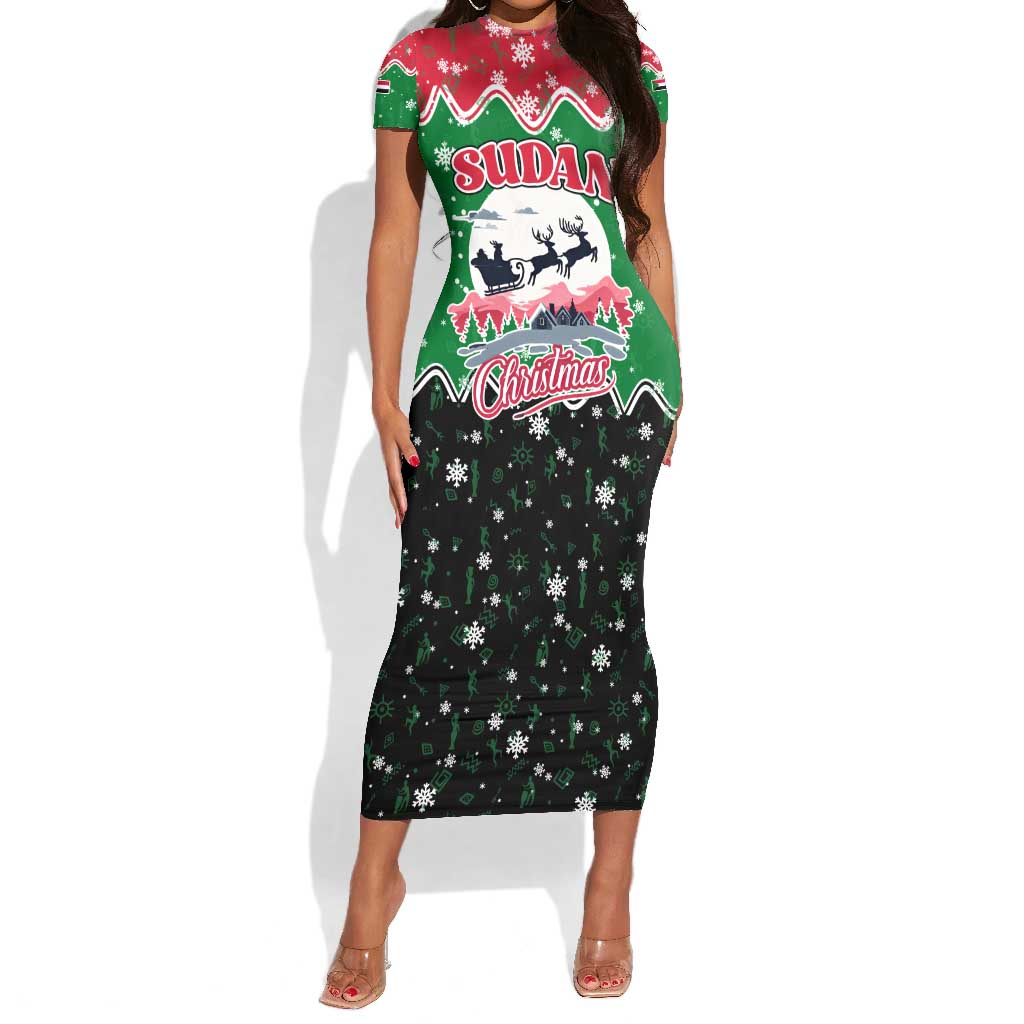 Sudan Christmas Short Sleeve Bodycon Dress Red Green Black Xmas Santa Sleigh and Map - African Pride