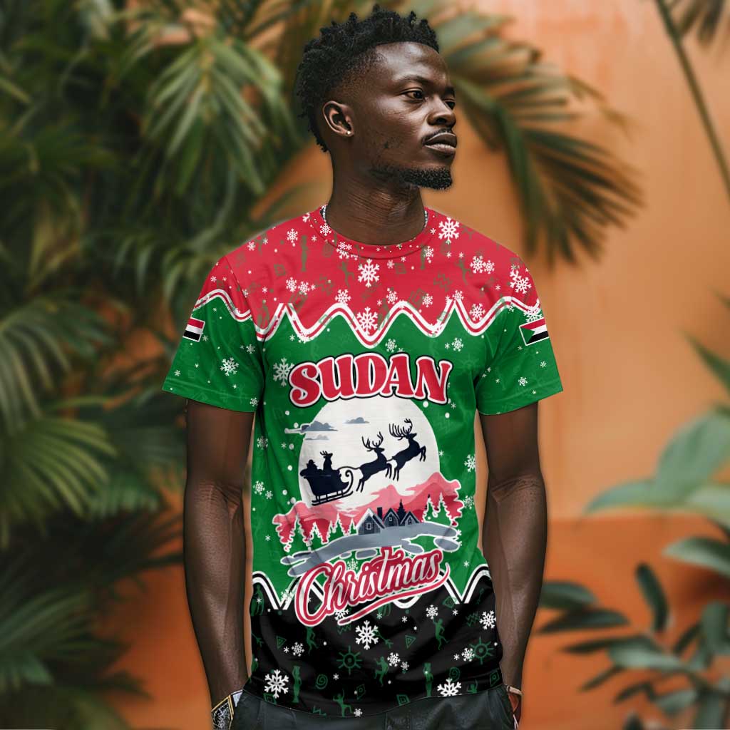 Sudan Christmas T shirt Red Green Black Xmas Santa Sleigh and Map - African Pride