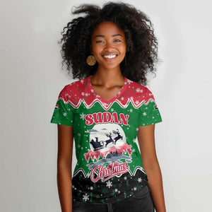 Sudan Christmas Women V-Neck T-Shirt Red Green Black Xmas Santa Sleigh and Map - African Pride