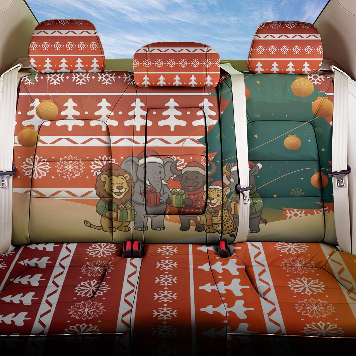 Zambia Christmas Back Car Seat Cover African Animals Tree Snowflakes and National Emblem - African Pride