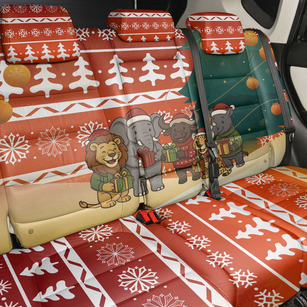 Zambia Christmas Back Car Seat Cover African Animals Tree Snowflakes and National Emblem - African Pride