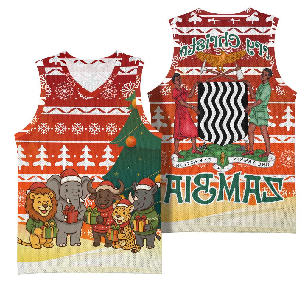 Zambia Christmas Basketball Jersey African Animals Tree Snowflakes and National Emblem - African Pride