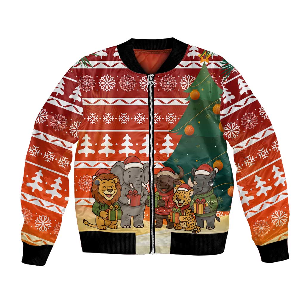 Zambia Christmas Bomber Jacket African Animals Tree Snowflakes and National Emblem - African Pride