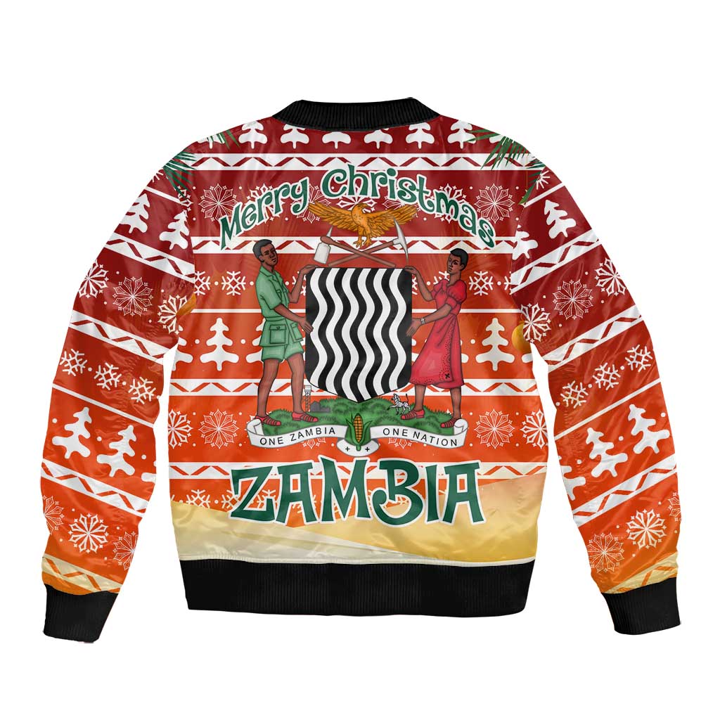 Zambia Christmas Bomber Jacket African Animals Tree Snowflakes and National Emblem - African Pride