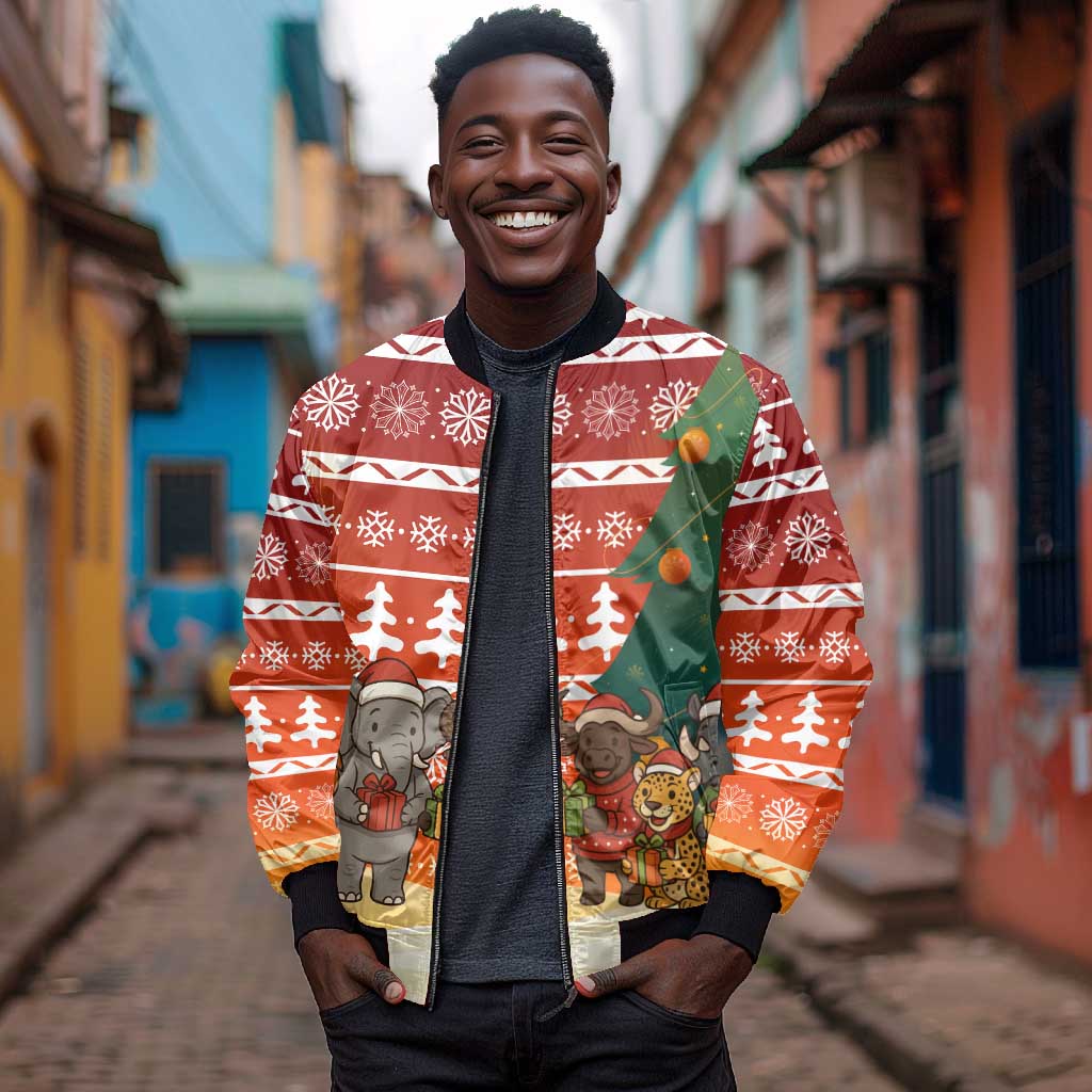 Zambia Christmas Bomber Jacket African Animals Tree Snowflakes and National Emblem - African Pride