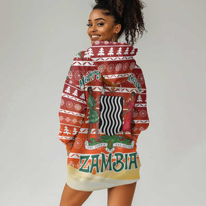 Zambia Christmas Hoodie Dress African Animals Tree Snowflakes and National Emblem - African Pride