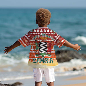 Zambia Christmas Kid Hawaiian Shirt African Animals Tree Snowflakes and National Emblem - African Pride