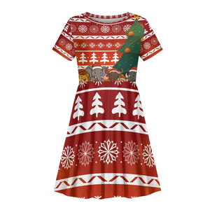 Zambia Christmas Kid Short Sleeve Dress African Animals Tree Snowflakes and National Emblem - African Pride