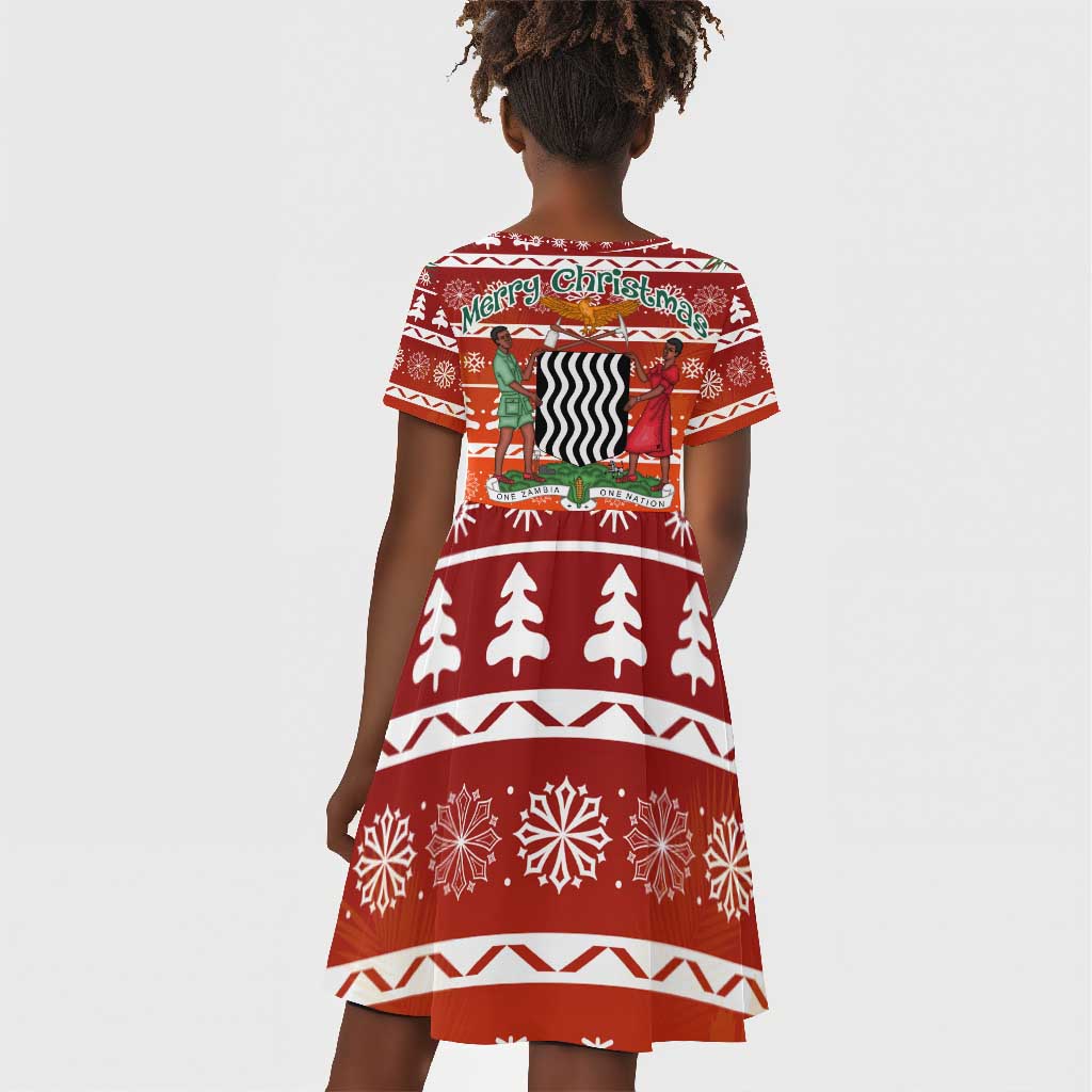Zambia Christmas Kid Short Sleeve Dress African Animals Tree Snowflakes and National Emblem - African Pride