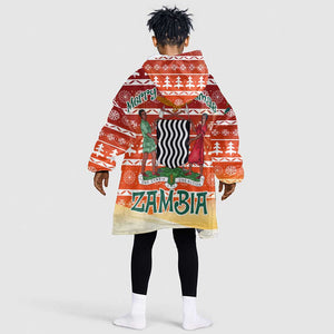 Zambia Christmas Kid Wearable Blanket Hoodie African Animals Tree Snowflakes and National Emblem - African Pride