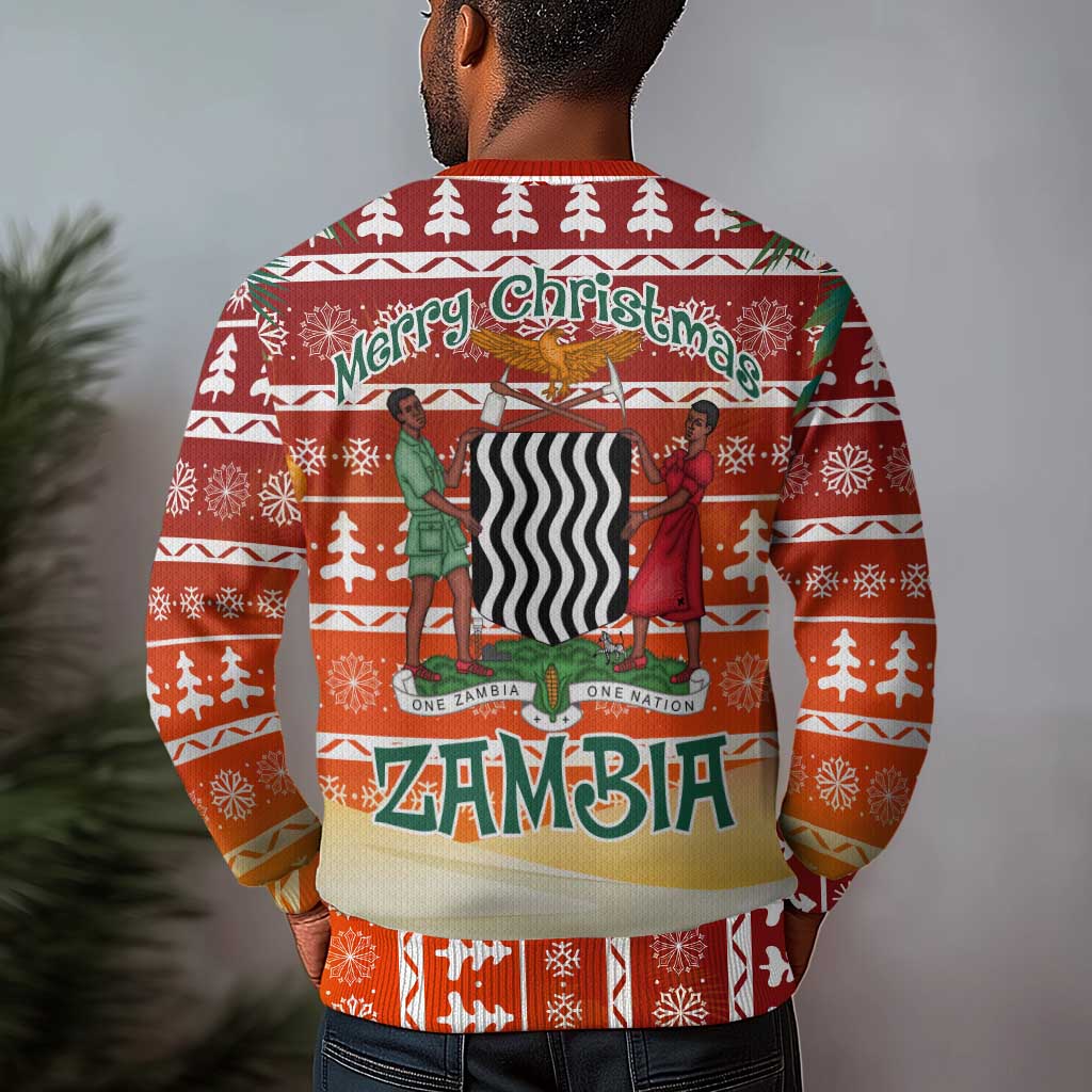 Zambia Christmas Ugly Christmas Sweater African Animals Tree Snowflakes and National Emblem - African Pride