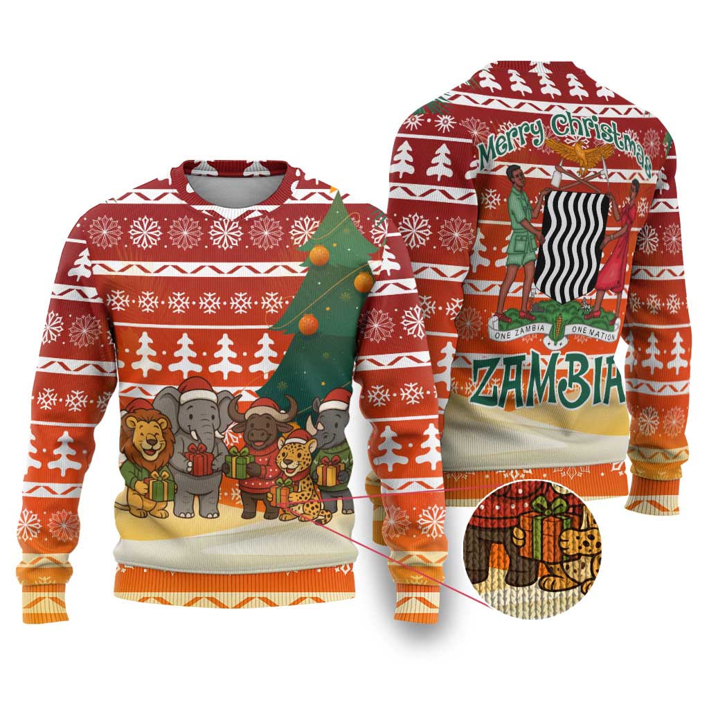 Zambia Christmas Ugly Christmas Sweater African Animals Tree Snowflakes and National Emblem - African Pride