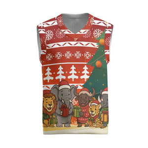 Zambia Christmas Knitted V-Neck Vest African Animals Tree Snowflakes and National Emblem - African Pride