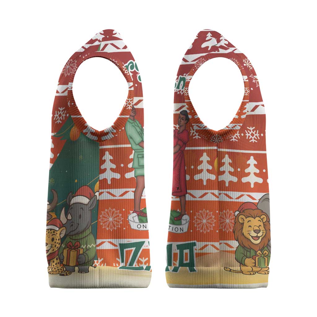 Zambia Christmas Knitted V-Neck Vest African Animals Tree Snowflakes and National Emblem - African Pride