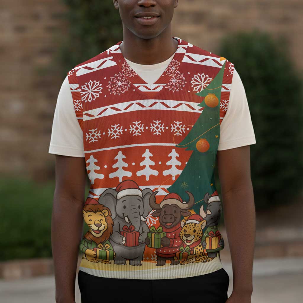 Zambia Christmas Knitted V-Neck Vest African Animals Tree Snowflakes and National Emblem - African Pride