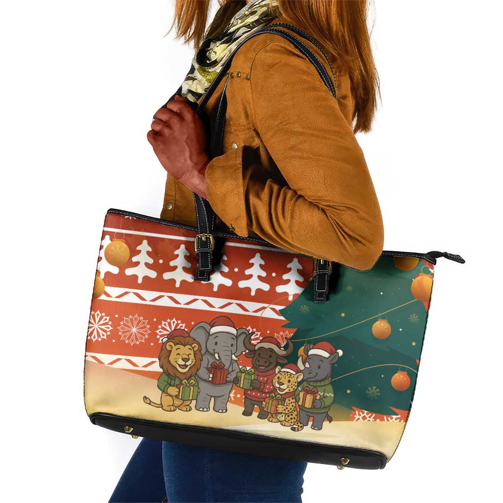 Zambia Christmas Leather Tote Bag African Animals Tree Snowflakes and National Emblem - African Pride