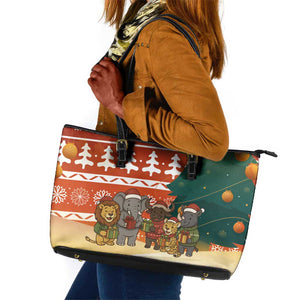Zambia Christmas Leather Tote Bag African Animals Tree Snowflakes and National Emblem - African Pride