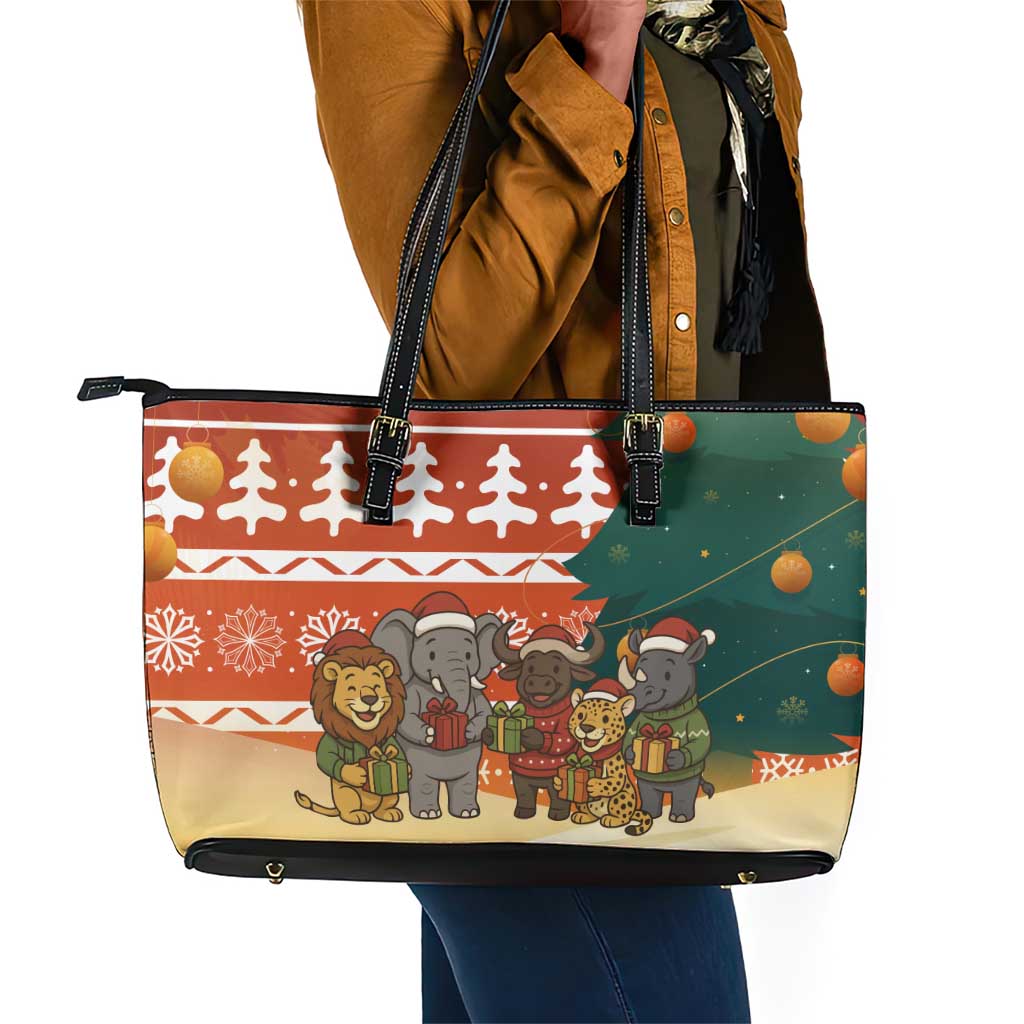 Zambia Christmas Leather Tote Bag African Animals Tree Snowflakes and National Emblem - African Pride