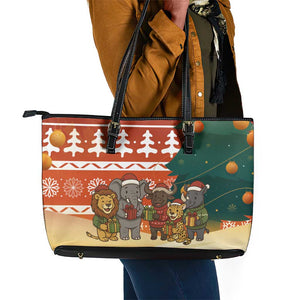 Zambia Christmas Leather Tote Bag African Animals Tree Snowflakes and National Emblem - African Pride