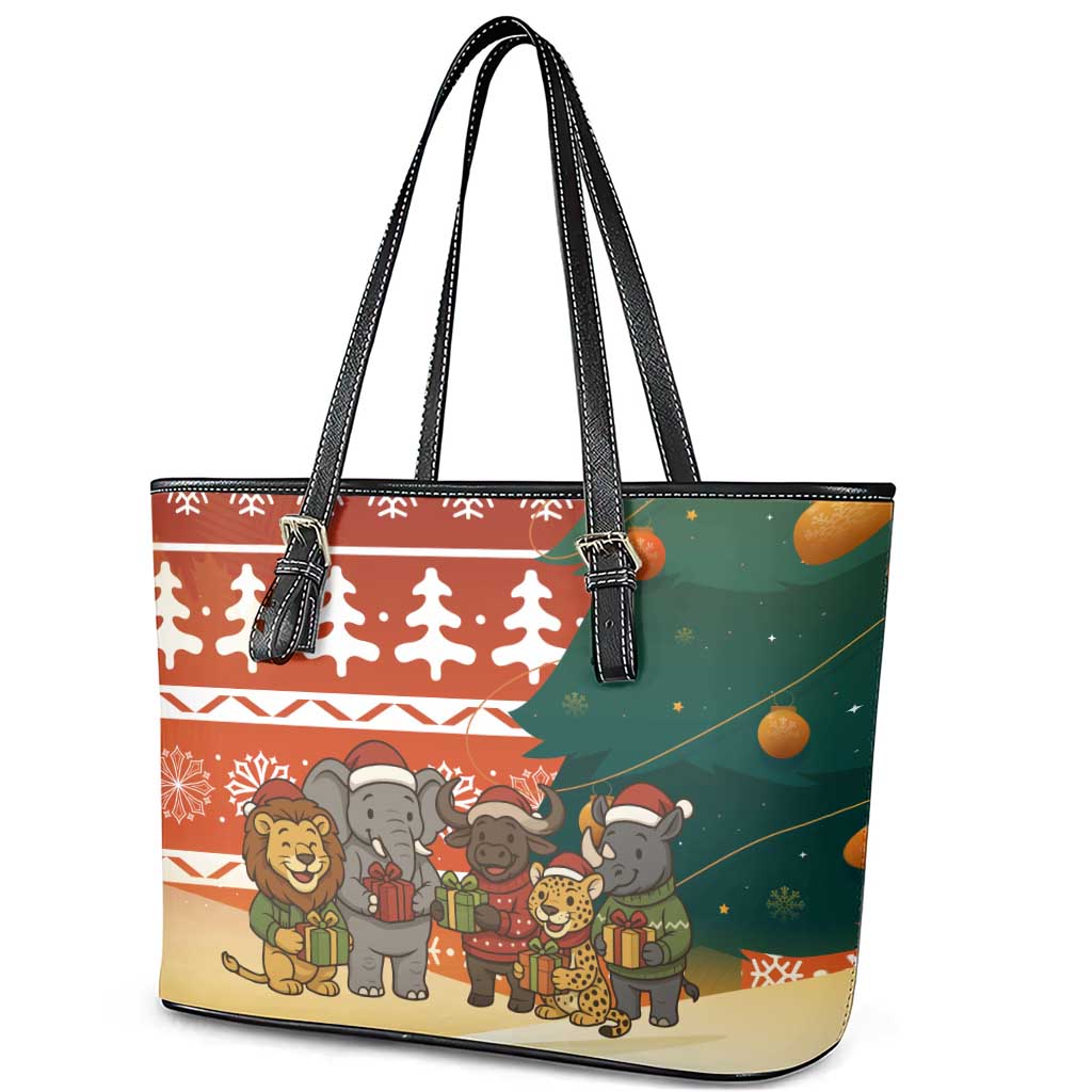 Zambia Christmas Leather Tote Bag African Animals Tree Snowflakes and National Emblem - African Pride