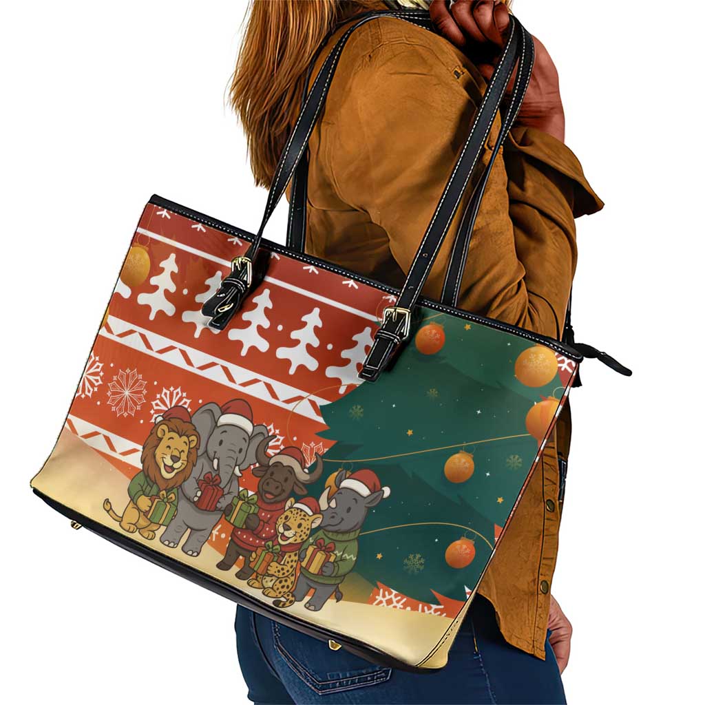 Zambia Christmas Leather Tote Bag African Animals Tree Snowflakes and National Emblem - African Pride