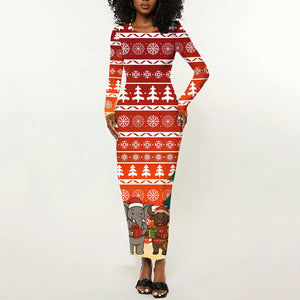 Zambia Christmas Long Sleeve Bodycon Dress African Animals Tree Snowflakes and National Emblem - African Pride