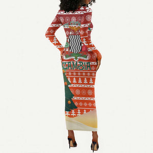 Zambia Christmas Long Sleeve Bodycon Dress African Animals Tree Snowflakes and National Emblem - African Pride