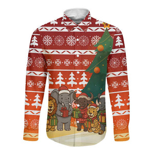 Zambia Christmas Long Sleeve Button Shirt African Animals Tree Snowflakes and National Emblem - African Pride