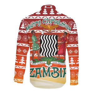 Zambia Christmas Long Sleeve Button Shirt African Animals Tree Snowflakes and National Emblem - African Pride