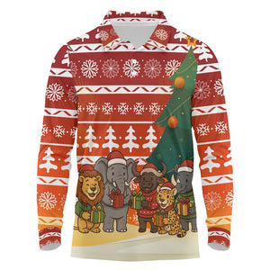 Zambia Christmas Long Sleeve Polo Shirt African Animals Tree Snowflakes and National Emblem - African Pride