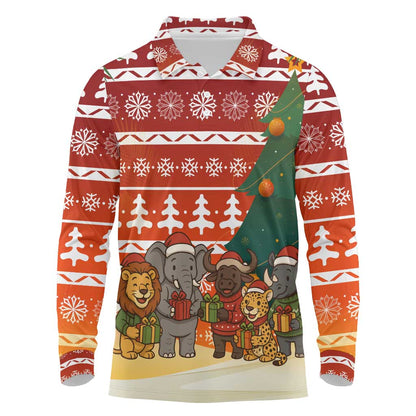 Zambia Christmas Long Sleeve Polo Shirt African Animals Tree Snowflakes and National Emblem - African Pride