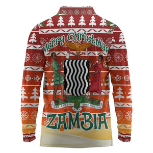 Zambia Christmas Long Sleeve Polo Shirt African Animals Tree Snowflakes and National Emblem - African Pride